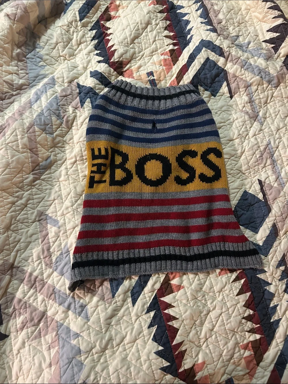 THE BOSS Striped Knit dog sweater in Gray, Navy, Mustard & Red